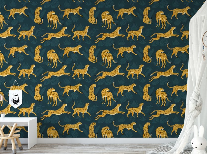 Removable Dark Blue Background Yellow Leopard Repeat Pattern Wallpaper