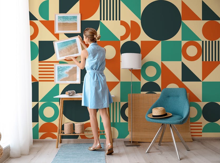 Peel and Stick Abstract Mid Century Orange Green Color Murals Wallpaper