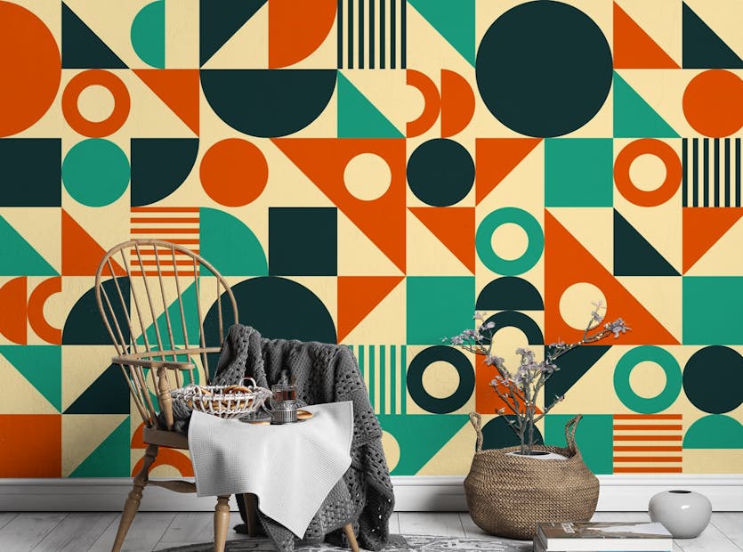 Removable Abstract Mid Century Orange Green Color Murals Wallpaper