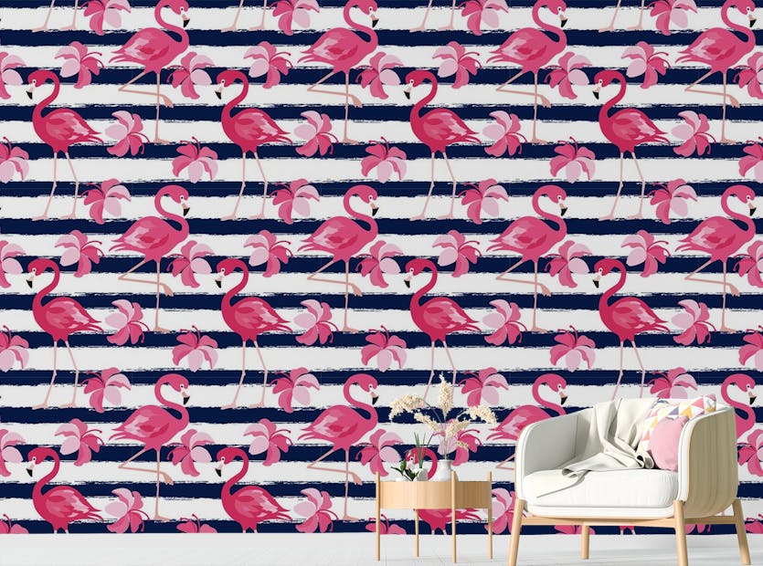 Peel and Stick Pink Flamingo and Flower Repeat Pattern Wallpaper