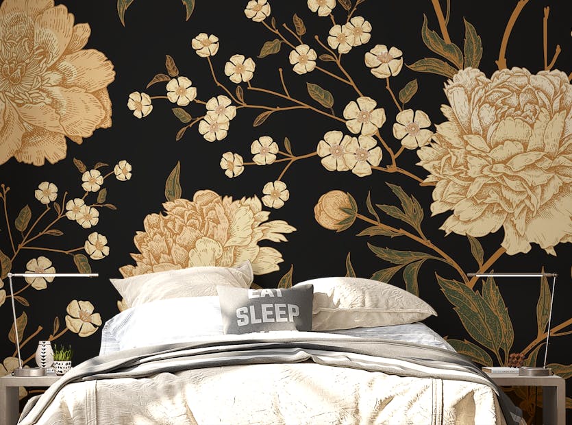 Peel and Stick Gold Peony Flowers Black Mural Wallpaper