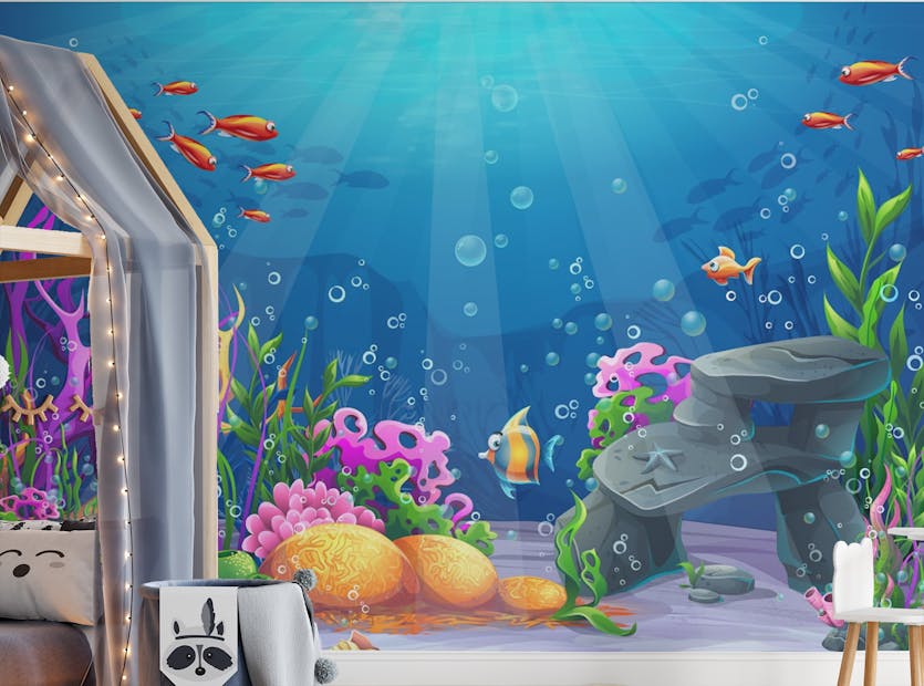 Removable Cute Fish Cartoon Blue Underwater Wallpaper Murals