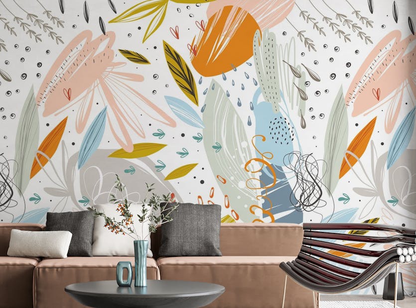 Peel and Stick Abstract Floral Hand Drawn Wallpaper Murals