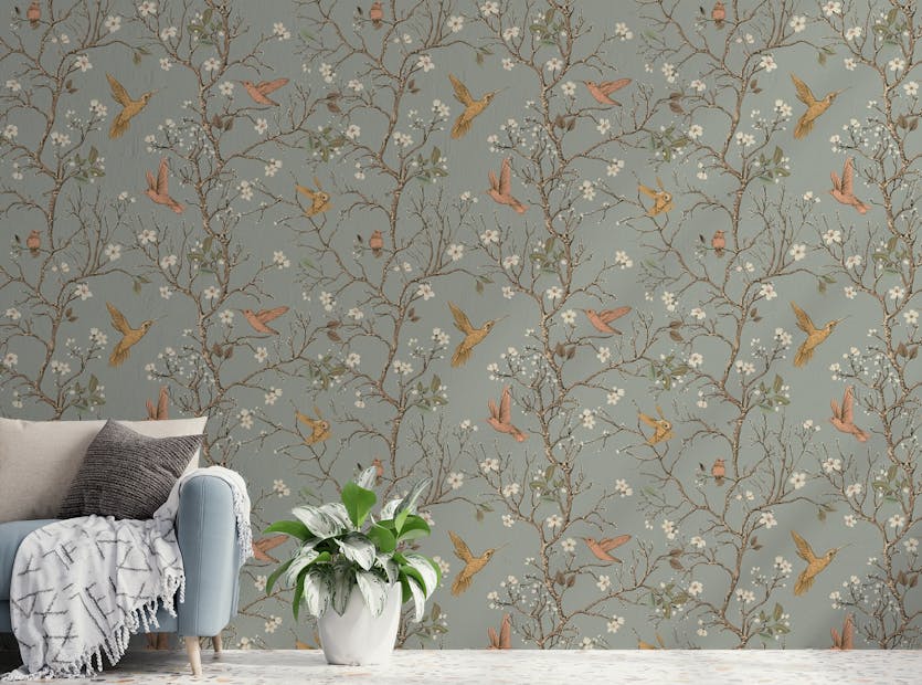 Removable Flowers Bird Vintage Wallpaper For Walls