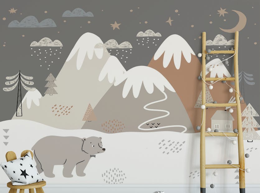 Removable Bear Snow Gray Color Kids Room Wallpaper