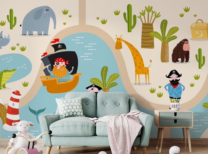 Removable Cartoon Tropical Animal Maze Pirates Children Wallpaper