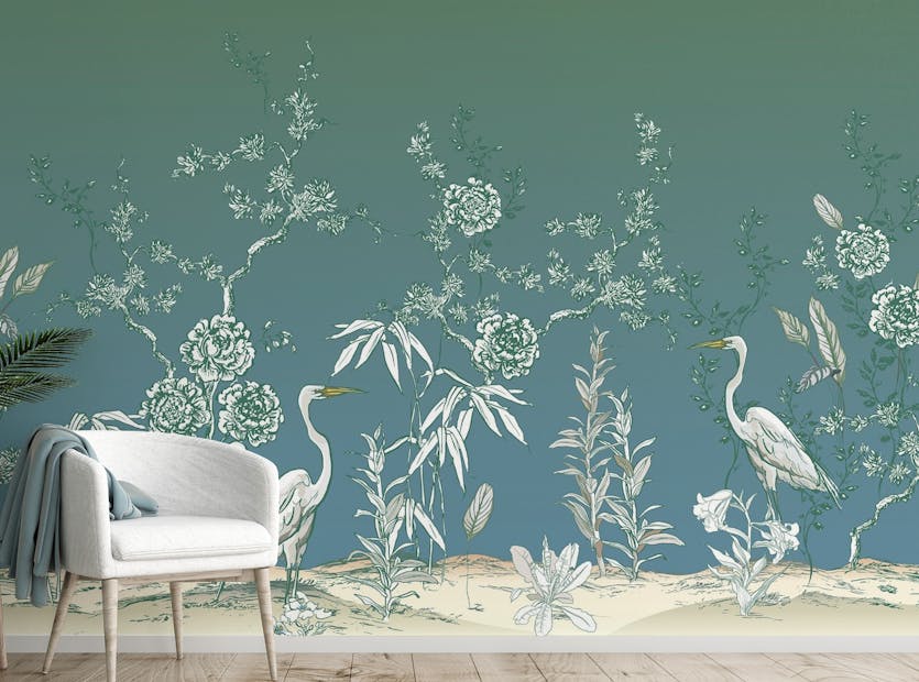Peel and Stick Garden Tree White Crane Bird Wallpaper Murals