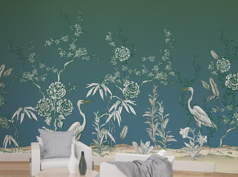 Removable Garden Tree White Crane Bird Wallpaper Murals