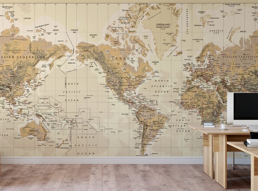 Peel and Stick Vintage Brown World Map Wallpaper For Walls