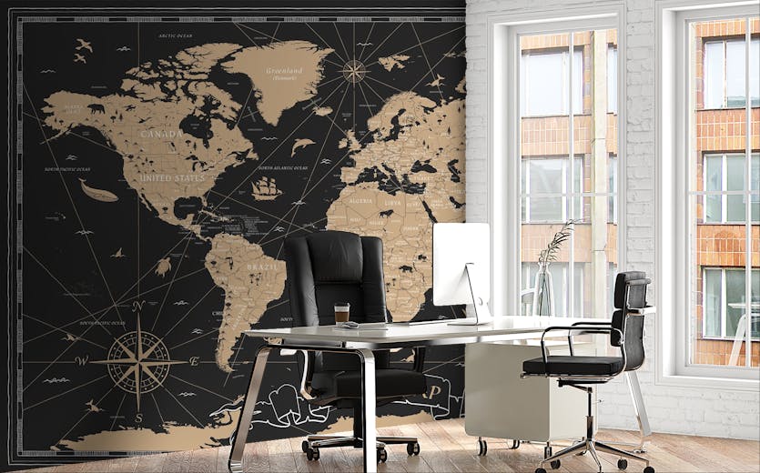 Peel and Stick Black Golden Detailed Vintage World Map Wall Murals