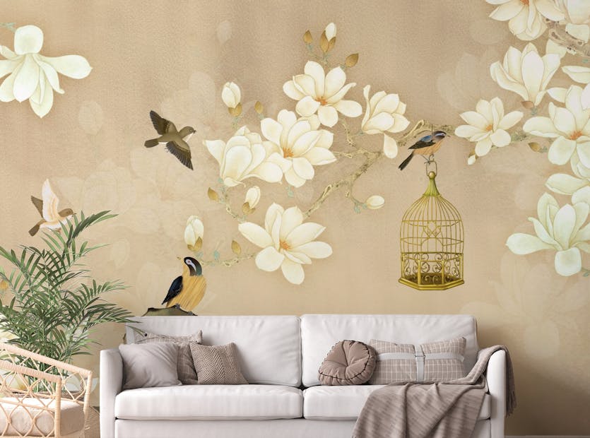 Peel and Stick Magnolia Flowers Branch Birds Wallpaper Murals