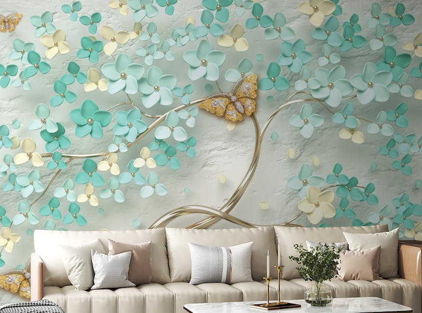Removable Flowers Golden Butterfly Wallpaper Murals