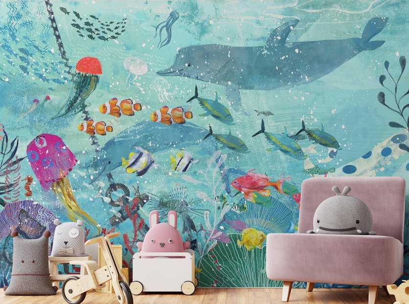 Peel and Stick Watercolor Blue Underwater Fish Kids Wall Murals