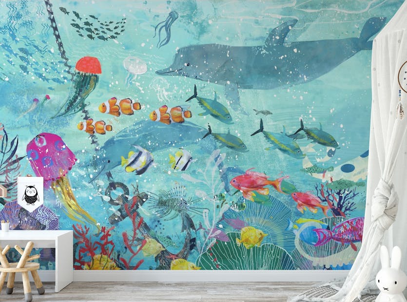 Removable Watercolor Blue Underwater Fish Kids Wall Murals
