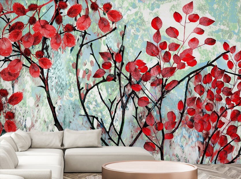 Removable Oil Painted Red Leaf Wallpaper Wall Murals