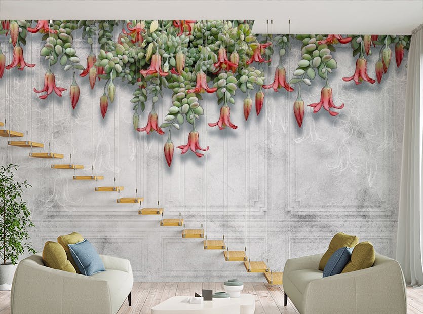 Removable Hanging Exotic Flowers Concrete Gray Murals