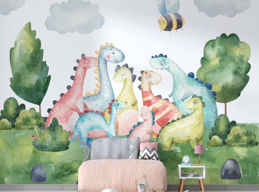 Peel and Stick Watercolor Kids Playful Dinosaur Wall Murals