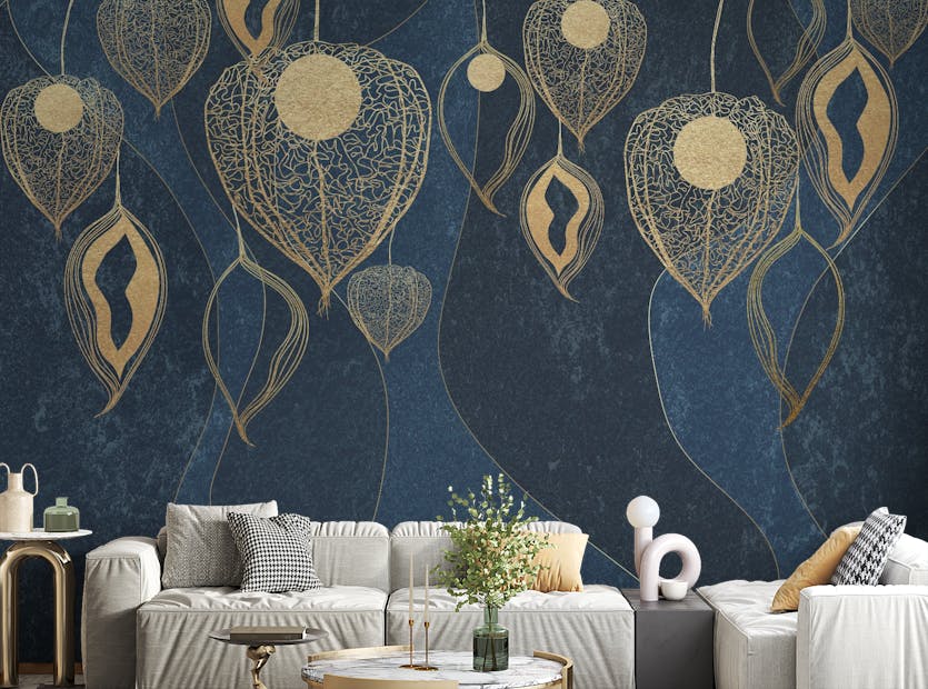 Peel and Stick Dark Blue Abstract Leaves Wallpaper Murals