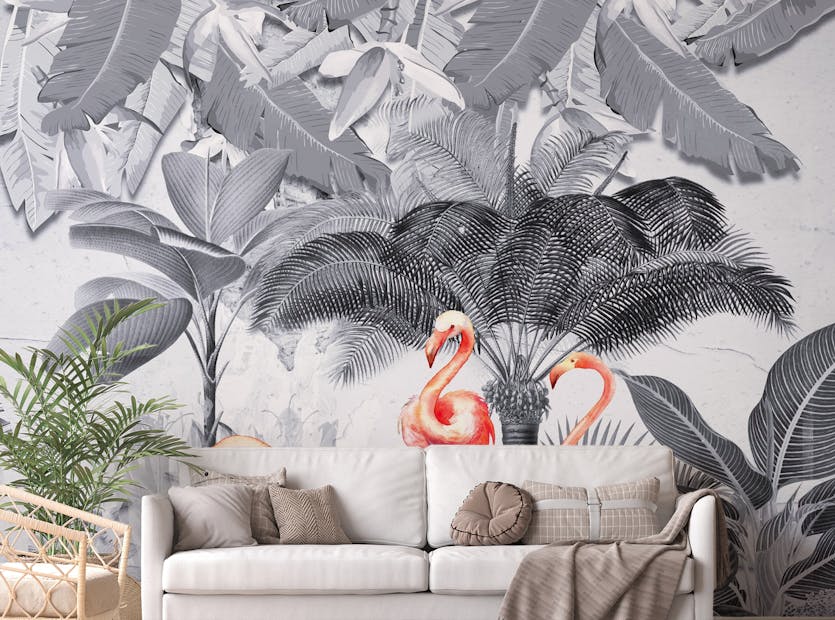 Peel and Stick Monochrome Forest Pink Flamingo Wall Murals
