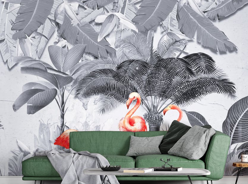 Removable Monochrome Forest Pink Flamingo Wall Murals
