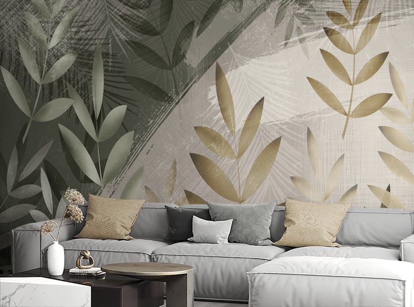 Removable Green Beige Color Leaves Peel And Stick Wallpaper