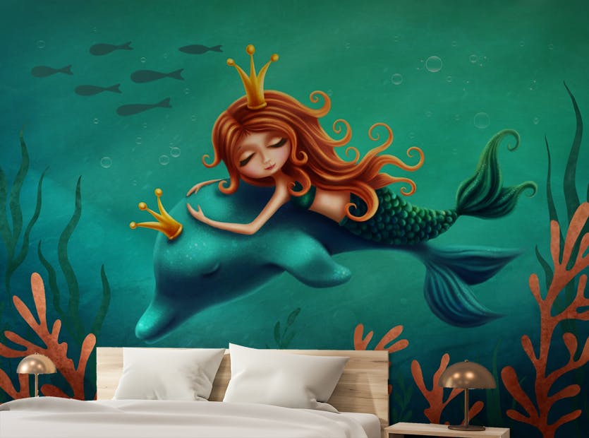 Removable Underwater Mermaid Dolphin Ride Wallpaper For Walls