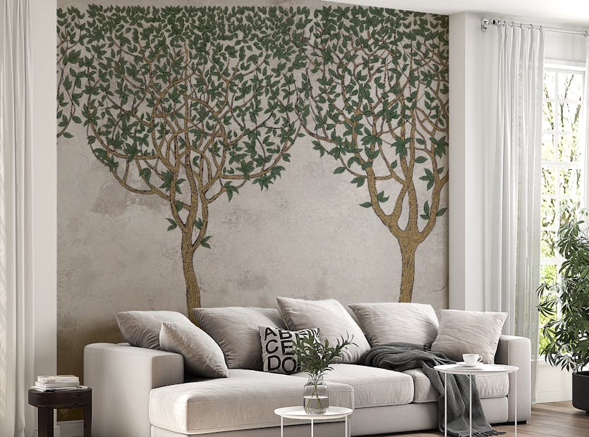Peel and Stick Green Painted Trees Concrete Wall Murals