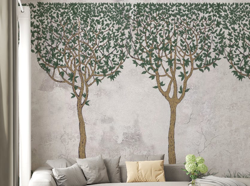 Removable Green Painted Trees Concrete Wall Murals