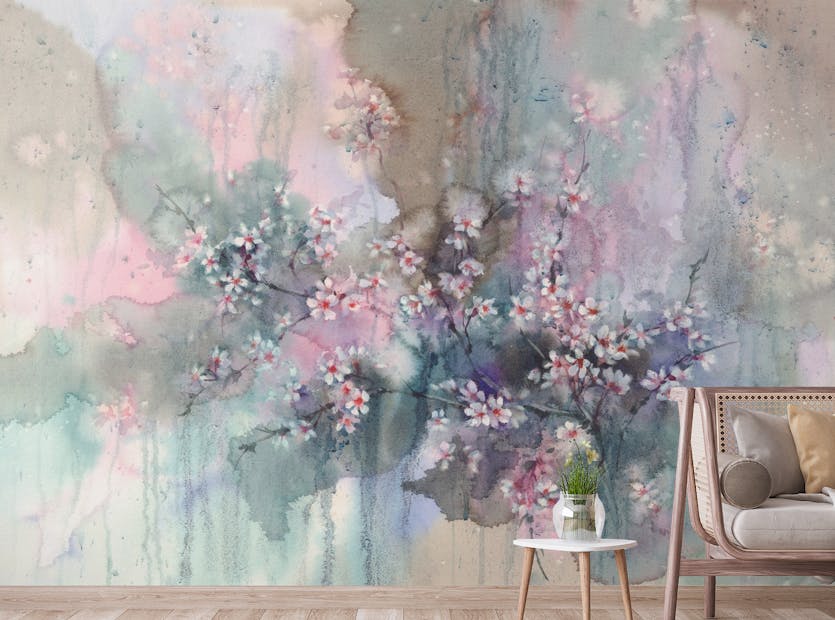 Peel and Stick Rain Watercolor Sakura Floral Wallpaper Mural
