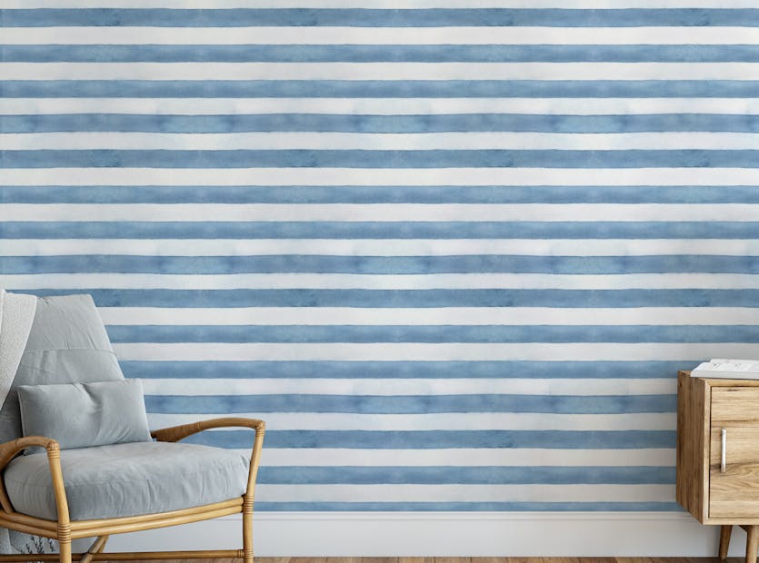 Removable Watercolor Blue White Horizontal Strips Wallpaper For Walls