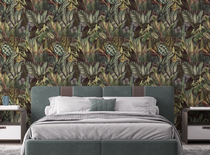 Peel and Stick Leopard and Green Botanical Jungle Wallpaper For Walls