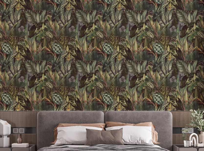 Removable Leopard and Green Botanical Jungle Wallpaper For Walls