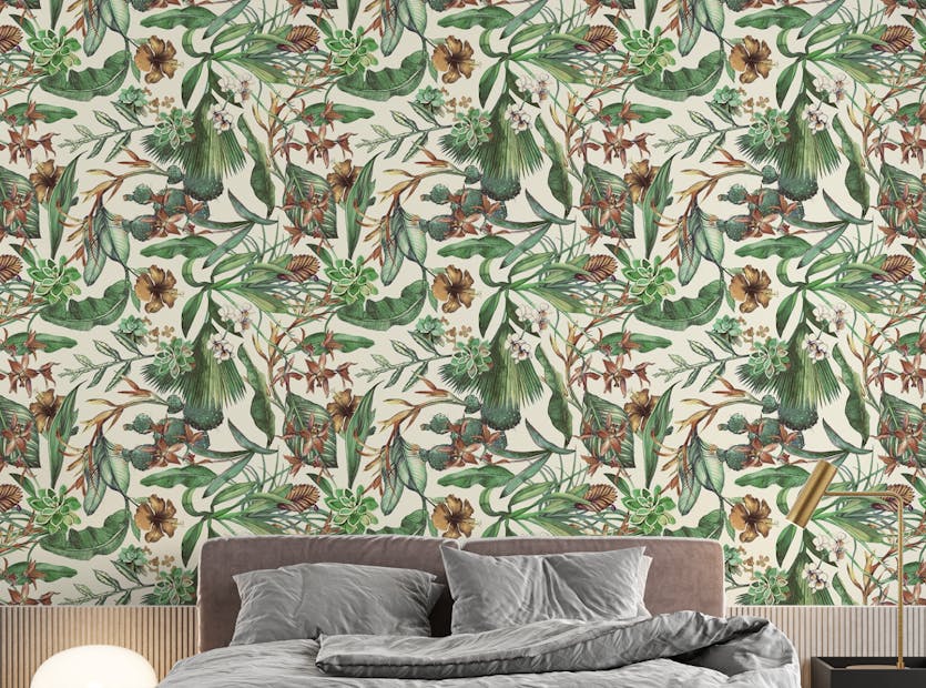 Peel and Stick Banana Leaves Tropical Flower Repeat Pattern Wallpaper