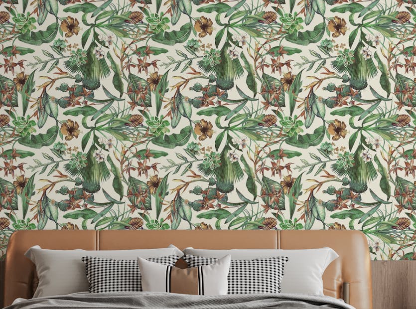 Removable Banana Leaves Tropical Flower Repeat Pattern Wallpaper