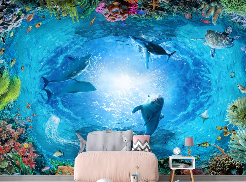 Peel and Stick Aqua Blue Dolphin Underwater Landscape Wallpaper Murals