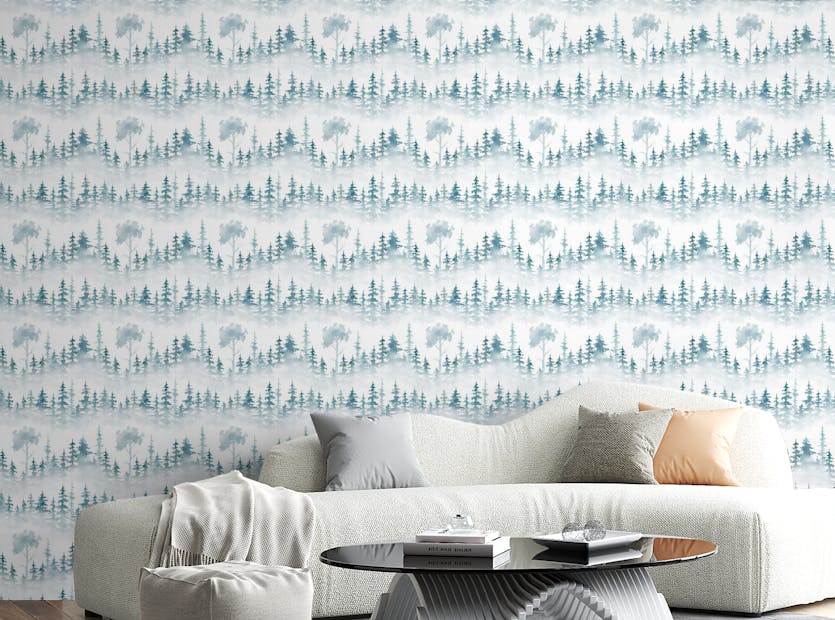 Removable Winter Foggy Forest White Background Repeat Pattern Wallpaper