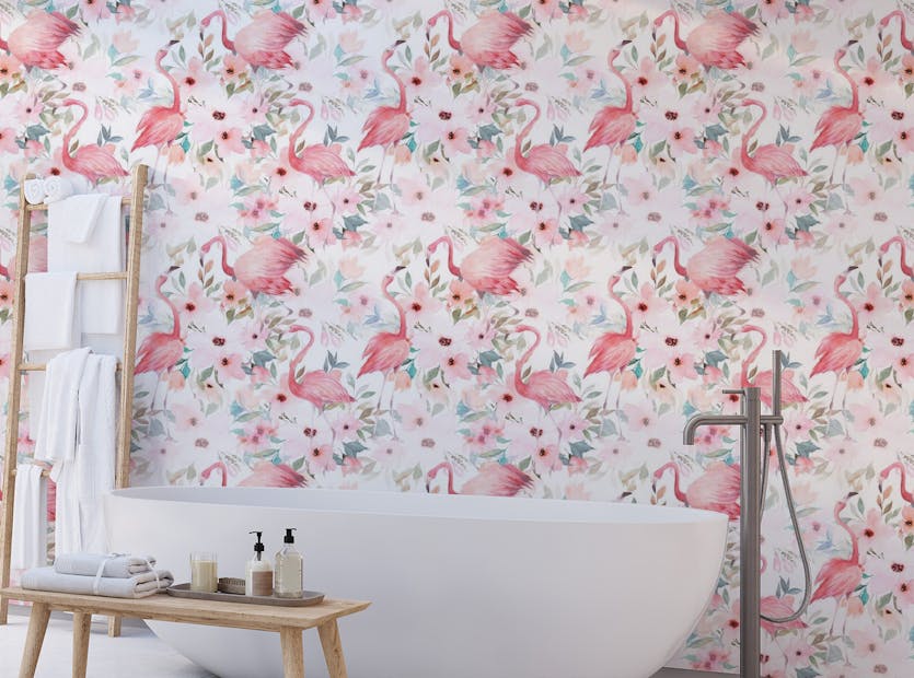 Removable Watercolor Flowers Pink Flamingos Wallpapers For Walls
