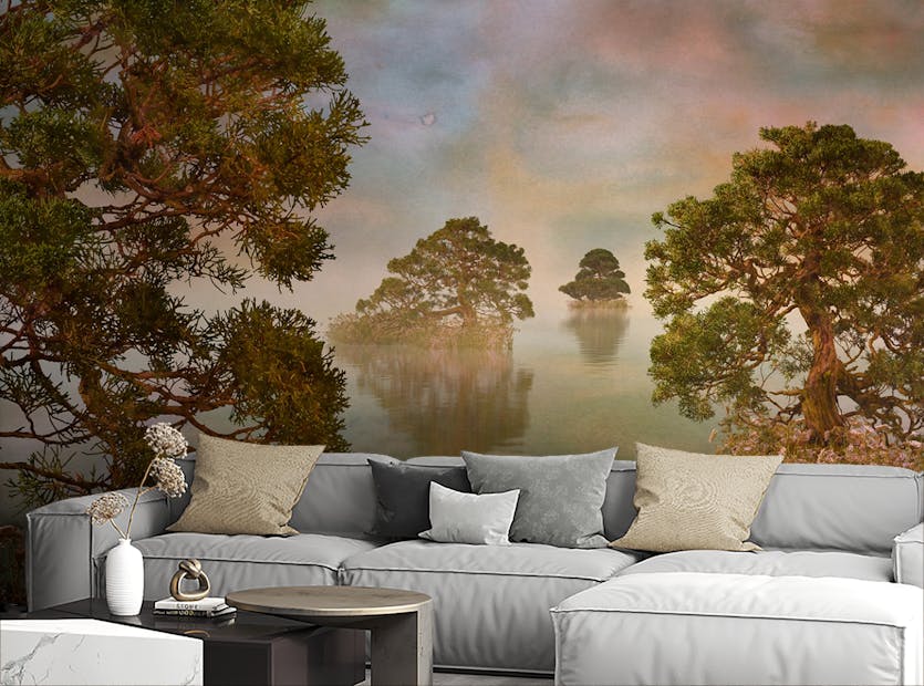 Removable Serenity Lake Watercolor Sunset Forest Wall Mural