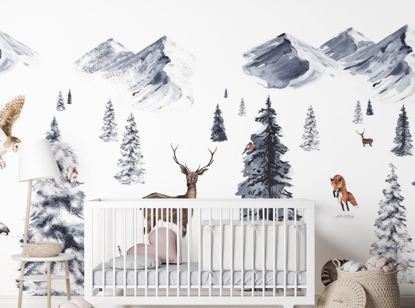 Peel and Stick Forest Mountain Animals Winter Wallpaper Murals