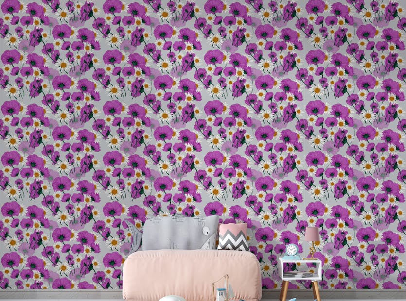 Peel and Stick Wild Purple Color Flower Pattern Wallpaper
