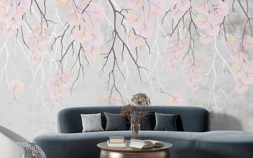 Hanging Flower branches on a pink wallpaper