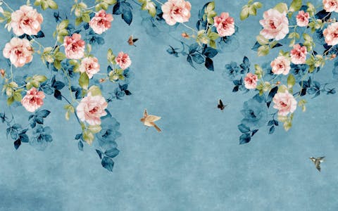Watercolor Pink Roses on Blue & Green Wallpaper