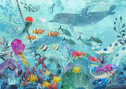 Watercolor Blue Underwater Fish Kids Wall Murals
